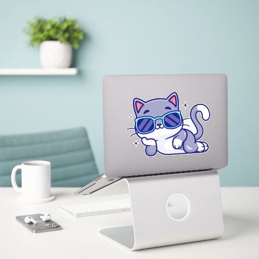 grappige kat sticker (Laptop op bureau)