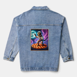 Grappige Kat Vliegen Een Pizza Astronaut Kat Ruimt Denim Jacket