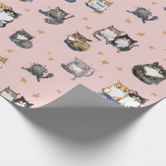 Grappige katten tussen de sterren op roze kat patr cadeaupapier (Hoek)