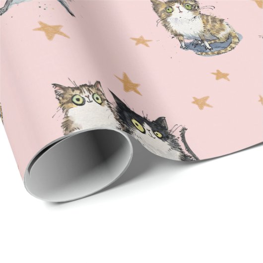 Grappige katten tussen de sterren op roze kat patr cadeaupapier (Rol Hoek)