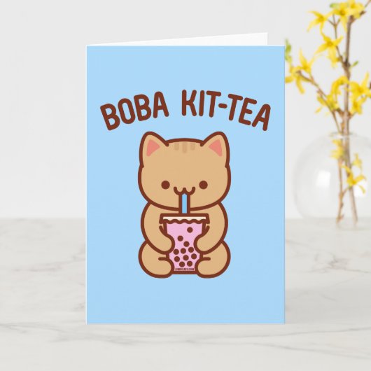 Grappige katten wenskaart: BOBA KIT-TEA Kaart (Gele Bloem)