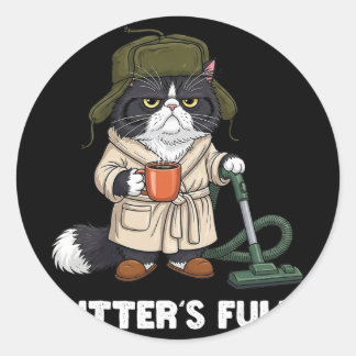 Grappige kattenbak is vol parodie kattenliefhebber ronde sticker