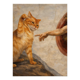 Grappige kattenmeme kunst Creatie van Adam met kat Perfect Poster