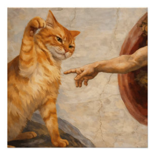 Grappige kattenmeme kunst Creatie van Adam met kat Perfect Poster