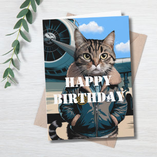 Grappige kattenpiloot & vliegtuig, coole verjaarda kaart