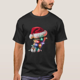 Grappige kattenpoot kerstman hoed kerstlichten vro t-shirt