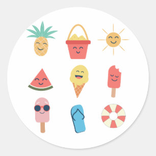 Grappige Kawaii Cartoon Zomer Iconen  Ronde Sticker