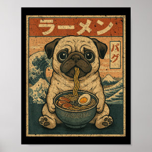Grappige Kawaii Ramen Pug Japanse Noedels Pug Eten Poster