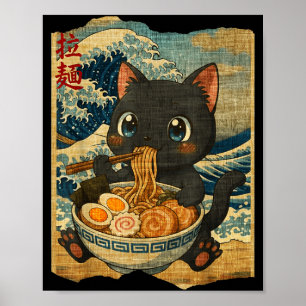 Grappige Kawaii Zwarte Kat Ramen Noedel Kom Japans Poster