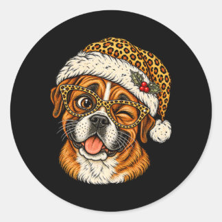 Grappige Kerst Boxer Met Luipaard Kerstman Hoed Cu Ronde Sticker
