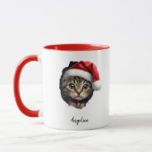 Grappige kerst glurende kat met kerstmuts op maat mok (Links)