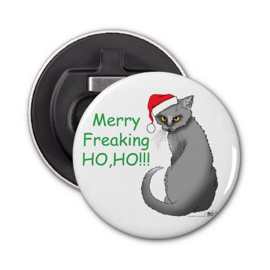 grappige kerst grijs kat button flesopener (Voorkant)