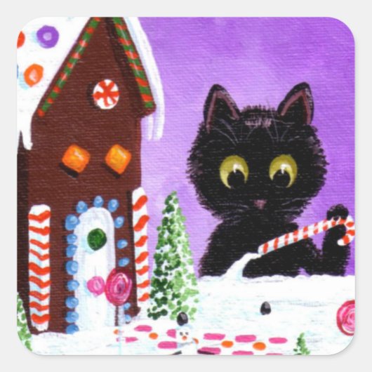 Grappige Kerst Kat Gingerbread Huis Creationarts Vierkante Sticker (Voorkant)