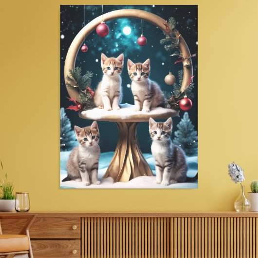 Grappige kerst Kittens op Gold Stand Canvas Afdruk (Insitu (Woonkamer))
