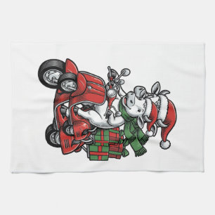 Grappige Kerst Koerijdende Scooter Vintage Design_ Theedoek