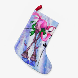Grappige kerst kous met roze flamingo skiër kleine kerstsok