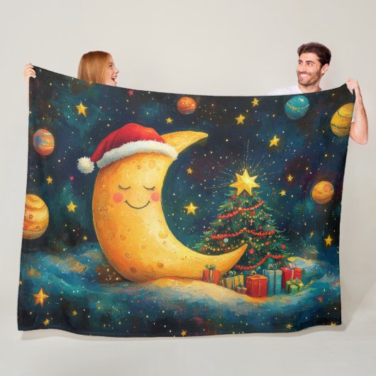 Grappige kerst maan galaxy viering fleece deken (In situ)