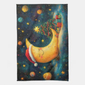 Grappige kerst maan galaxy viering theedoek (Verticaal)
