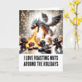 Grappige kerst: peperkoek draak roosteren noten kaart (Gele Bloem)