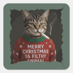 Grappige Kerst rokende kat sarcastische vakantie m Vierkante Sticker