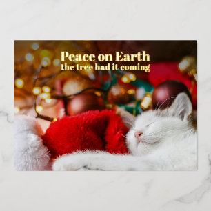 Grappige Kerst Slapende Kat Vrede op Aarde  Folie Feestdagenkaart