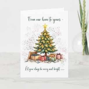 Grappige kerst van ons huis naar uw boomlichten kaart