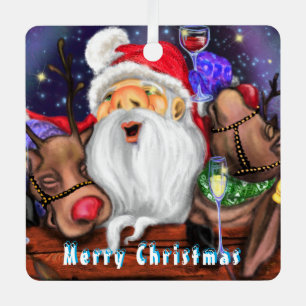 Grappige Kerstbal Sinterklaas met Rendieren Metalen Ornament
