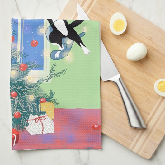 Grappige kerstboomkat theedoek (Quarter Fold)