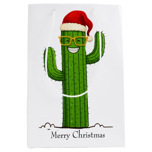Grappige kerstcactus met kerstmuts en -bril medium cadeauzakje (Voorkant)