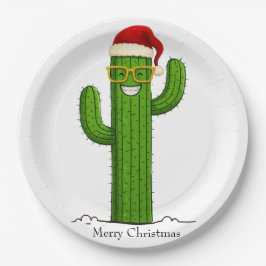 Grappige kerstcactus met kerstmuts en -bril papieren bordje