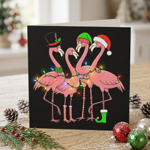 Grappige Kerstflamingo's in Kerstmannenhoeden en L Feestdagenkaart