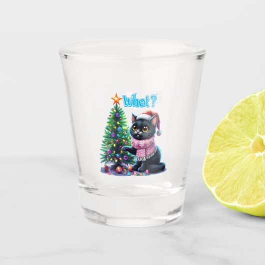 Grappige Kerstkat Wat met Boom Sticker Shot Glas (Voorkant)