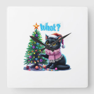 Grappige Kerstkat Wat met Boom Sticker Vierkante Klok