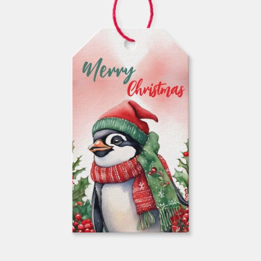 Grappige Kerstkrans Cute pinguïn kerstman Cadeaulabel (Voorkant)