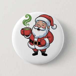 Grappige Kerstman die een Matcha-drank vasthoudt Ronde Button 5,7 Cm