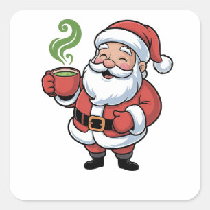 Grappige Kerstman die een Matcha-drank vasthoudt Vierkante Sticker