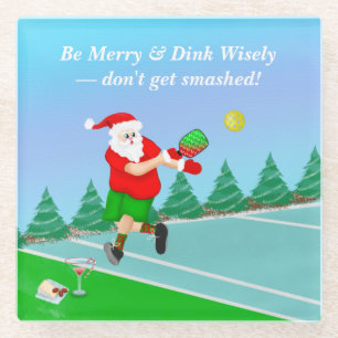 Grappige Kerstman die Pickleball speelt Merry Voll Glazen Onderzetter