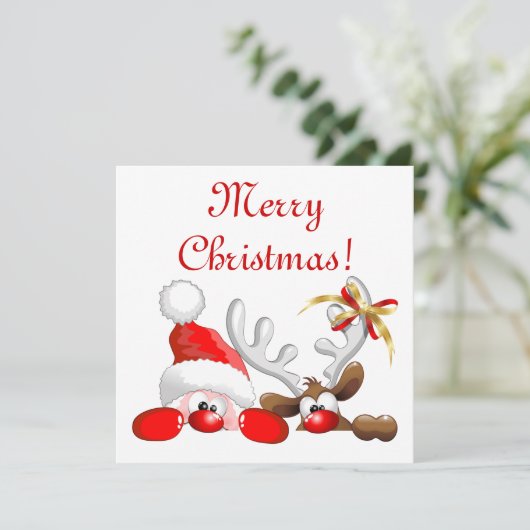 Grappige Kerstman en Rendier Cartoon Kaart (Staand voorkant)