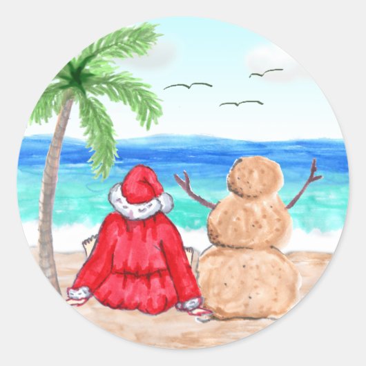 Grappige Kerstman en Sneeuwman op het strand Kerst Ronde Sticker (Voorkant)