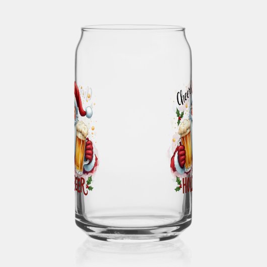 Grappige Kerstman houdt bier Blikvorm Glas (Links)