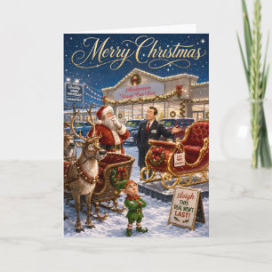 Grappige Kerstman Koopt Nieuwe Arrenslee Kerstkaar Feestdagen Kaart