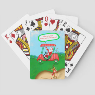 Grappige Kerstman Met Rendieren Die Golf Spelen Pokerkaarten