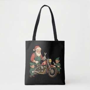 Grappige Kerstman monteur Retro Biker Kerstmis Draagtas