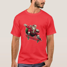 Grappige kerstman op rood skateboard Vrolijk kerst T-shirt