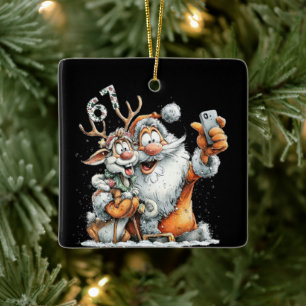 Grappige Kerstman Rudolf Selfie Zes Zeven Kerst Keramisch Ornament