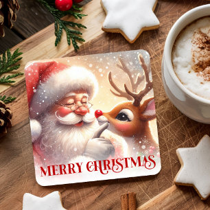 Grappige Kerstman Rudolph Cartoon Kerst Drink Onde Vierkante Kartonnen Onderzetter