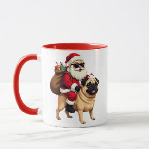 Grappige Kerstman Santa Ridende Pug Mok