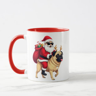 Grappige Kerstman Santa Ridende Pug Mok