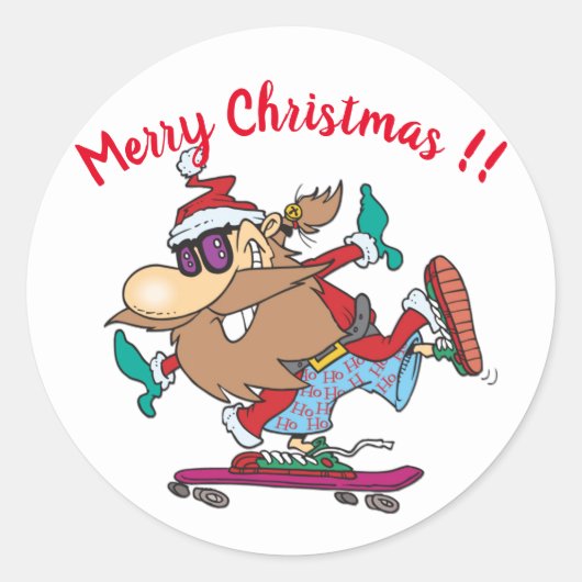 Grappige kerstman skateboarden kerst ronde sticker (Voorkant)