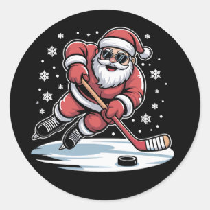 Grappige Kerstman speelt ijshockey Kerstmis Ronde Sticker